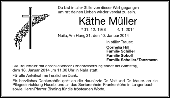 Traueranzeige von Käthe Müller von Frankenpost