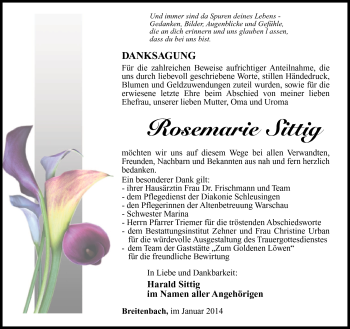 Traueranzeige von Rosemarie Sittig von Südthüringer Presse