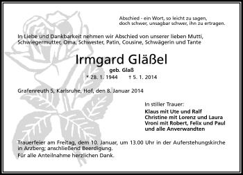 Traueranzeige von Irmgard Gläßel von Frankenpost