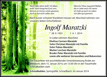 Traueranzeige von Ingolf Maratzki von Südthüringer Presse