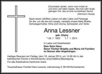 Traueranzeige von Anna Lessner von Frankenpost