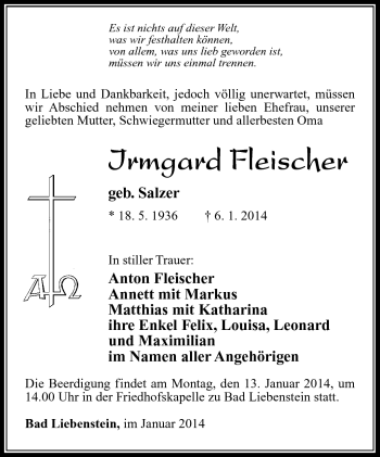 Traueranzeige von Irmgard Fleischer von Südthüringer Presse