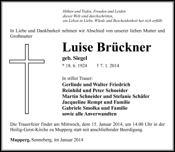 Traueranzeige von Luise Brückner von Südthüringer Presse