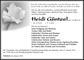 Traueranzeige von Heidi Günzel von Südthüringer Presse