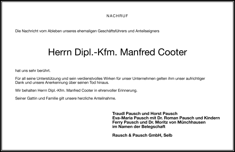  Traueranzeige für Manfred Cooter vom 10.01.2014 aus Frankenpost