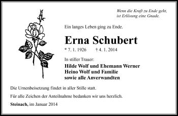 Traueranzeige von Erna Schubert von Südthüringer Presse
