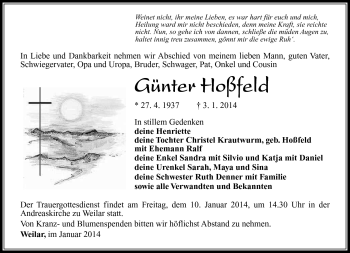 Traueranzeige von Günter Hoßfeld von Südthüringer Presse