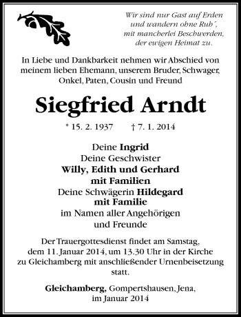 Traueranzeige von Siegfried Arndt von Südthüringer Presse