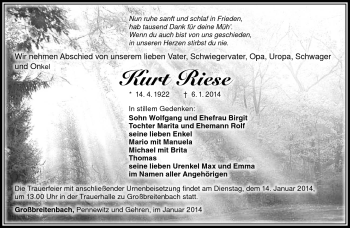 Traueranzeige von Kurt Riese von Südthüringer Presse