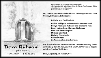 Traueranzeige von Dora Rübsam von Südthüringer Presse