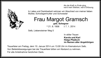 Traueranzeige von Margot Gramsch von Frankenpost