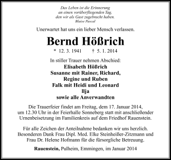Traueranzeige von Bernd Hößrich von Südthüringer Presse