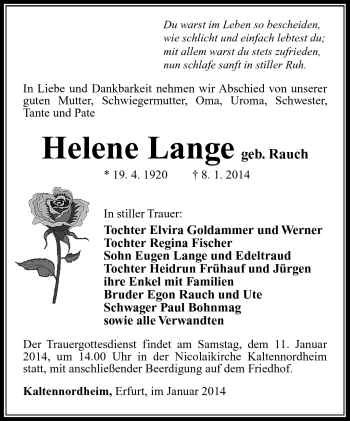 Traueranzeige von Helene Lange von Südthüringer Presse