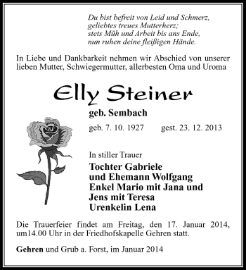 Traueranzeige von Elly Steiner von Südthüringer Presse