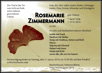 Traueranzeige von Rosemarie Zimmermann von Südthüringer Presse