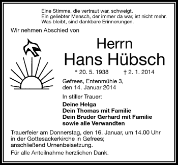 Traueranzeige von Hans Hübsch von Frankenpost