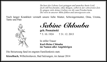 Traueranzeige von Sabine Chlouba von Südthüringer Presse