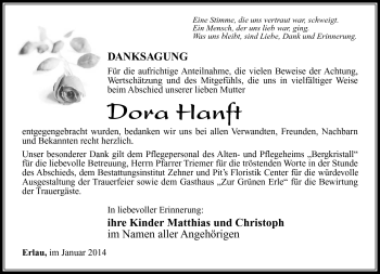 Traueranzeige von Dora Hanft von Südthüringer Presse