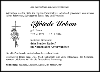 Traueranzeige von Elfriede Urban von Südthüringer Presse