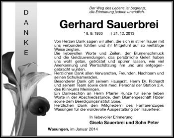Traueranzeige von Gerhard Sauerbrei von Südthüringer Presse