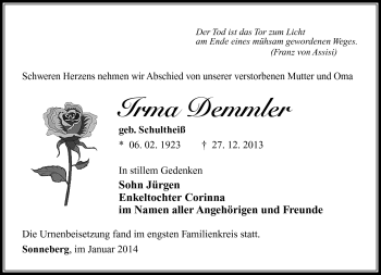 Traueranzeige von Irma Demmler von Südthüringer Presse