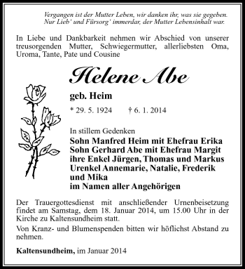 Traueranzeige von Helene Abe von Südthüringer Presse
