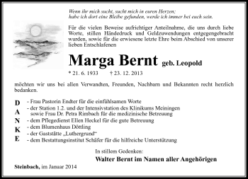 Traueranzeige von Marga Bernt von Südthüringer Presse
