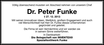 Traueranzeige von Dr. Peter Funke von Frankenpost