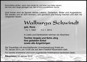 Traueranzeige von Walburga Schwindt von Südthüringer Presse