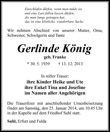 Traueranzeige von Gerlinde König von Südthüringer Presse