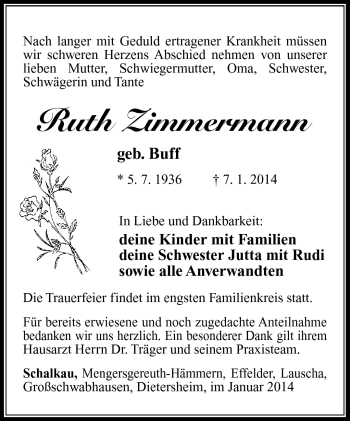 Traueranzeige von Ruth Zimmermann von Südthüringer Presse