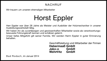Traueranzeige von Horst Eppler von Neue Presse Coburg