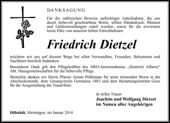Traueranzeige von Friedrich Dietzel von Südthüringer Presse
