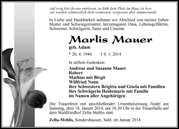 Traueranzeige von Marlis Mauer von Südthüringer Presse