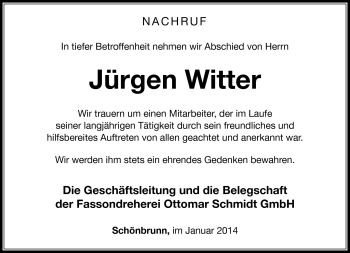 Traueranzeige von Jürgen Witter von Südthüringer Presse