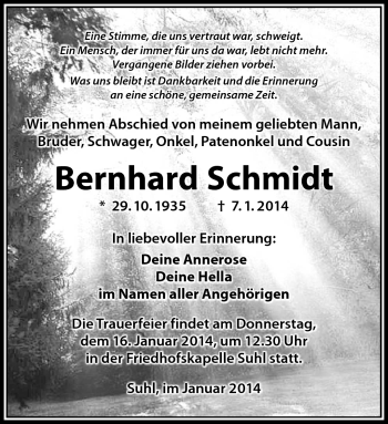 Traueranzeige von Bernhard Schmidt von Südthüringer Presse