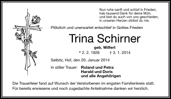 Traueranzeige von Trina Schirner von Frankenpost