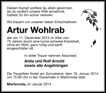 Traueranzeige von Artur Wohlrab von Südthüringer Presse