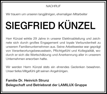 Traueranzeige von Siegfried Kunzel von Frankenpost