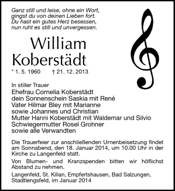 Traueranzeige von Wiliam Koberstädt von Südthüringer Presse