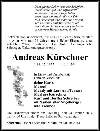Traueranzeige von Andreas Kürschner von Südthüringer Presse