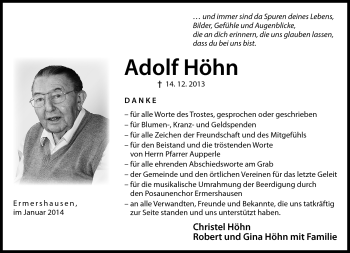 Traueranzeige von Adolf Höhn von Neue Presse Coburg