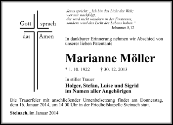 Traueranzeige von Marianne Möller von Südthüringer Presse