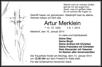 Traueranzeige von Artur Merklein von Frankenpost