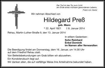 Traueranzeige von Hildegard Preß von Frankenpost