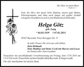 Traueranzeige von Helga Götz von Frankenpost