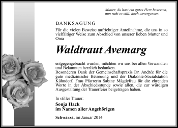 Traueranzeige von Waldtraut Avemarg von Südthüringer Presse