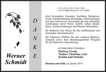 Traueranzeige von Werner Schmidt von Südthüringer Presse