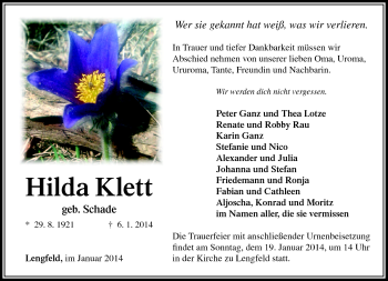 Traueranzeige von Hilda Klett von Südthüringer Presse