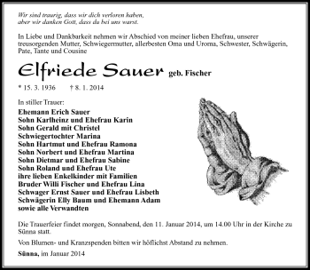 Traueranzeige von Elfriede Sauer von Südthüringer Presse
